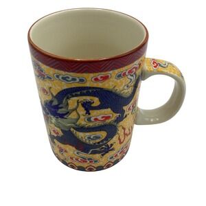 Chinese Imperial Blue Dragon Coffee Mug Yellow‎ Cloud Pattern Ceramic